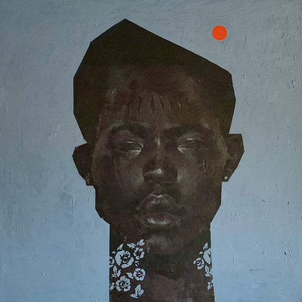 Rwandan portrait painting of a face with geometric hairline on a textured gray background