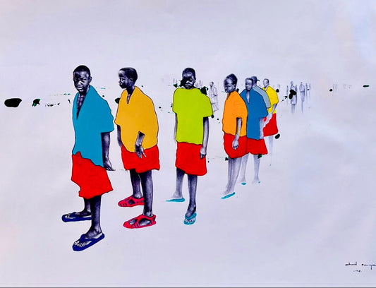 Colorful painting of six people in bright clothing on a white background