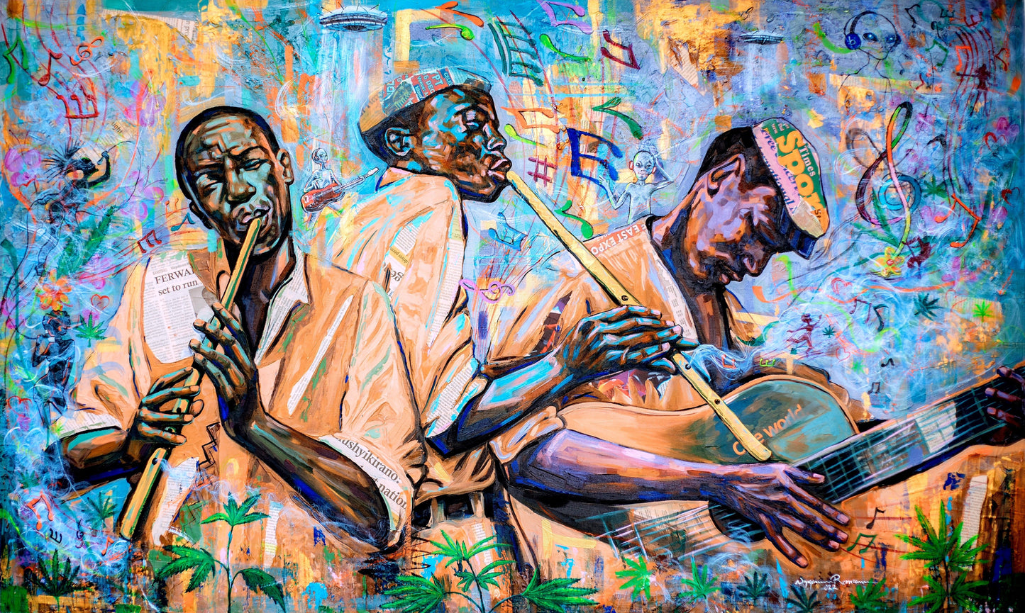 Artistic depiction of three musicians playing instruments with a colorful background