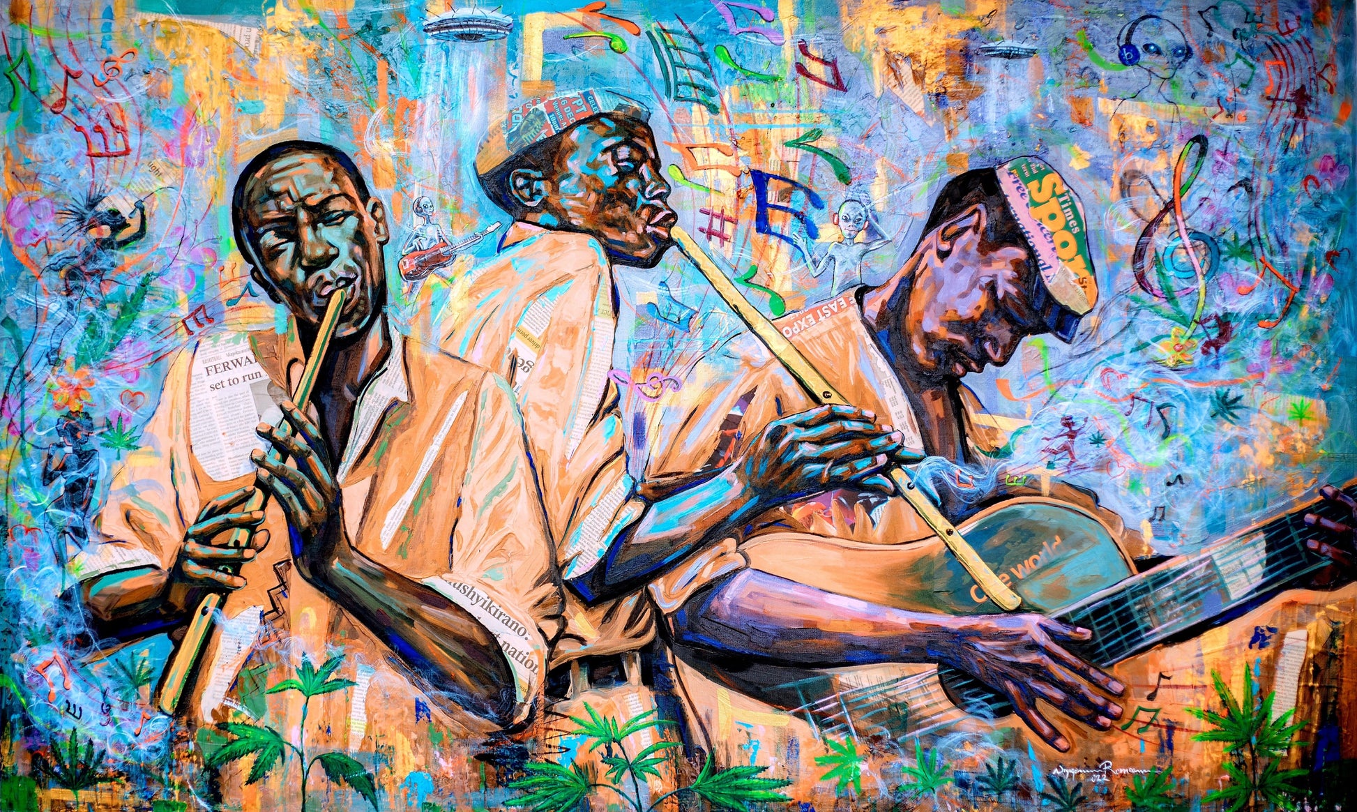 Artistic depiction of three musicians playing instruments with a colorful background
