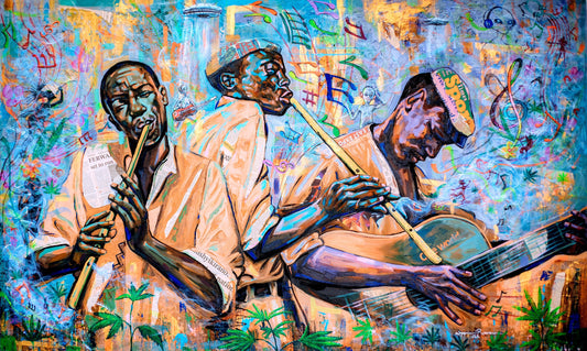 Artistic depiction of three musicians playing instruments with a colorful background
