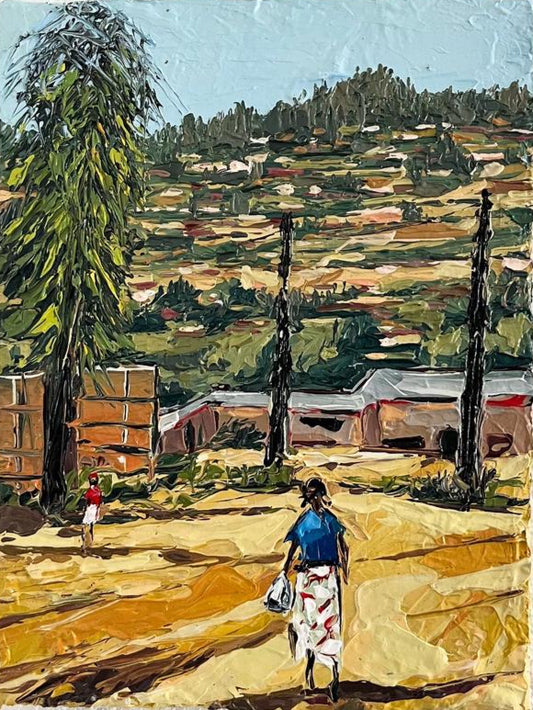 Rwandan Painting of a person walking in a Rwandan village landscape with trees and buildings.