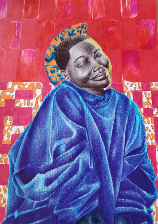 Rwandan artistic depiction of a person in blue clothing against a colorful geometric background