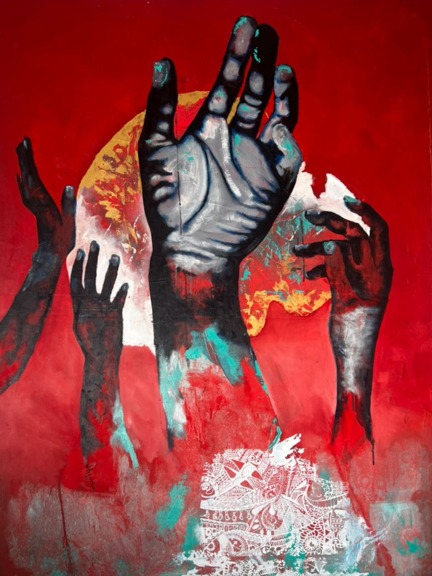 Abstract artwork with hands and a red background
