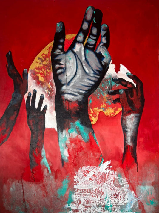 Abstract artwork with hands and a red background